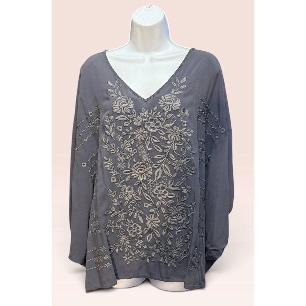 Savanna Jane 1X 2X Plus Size Embroidered Rayon Tunic Top Poncho Blouse Gray Boho